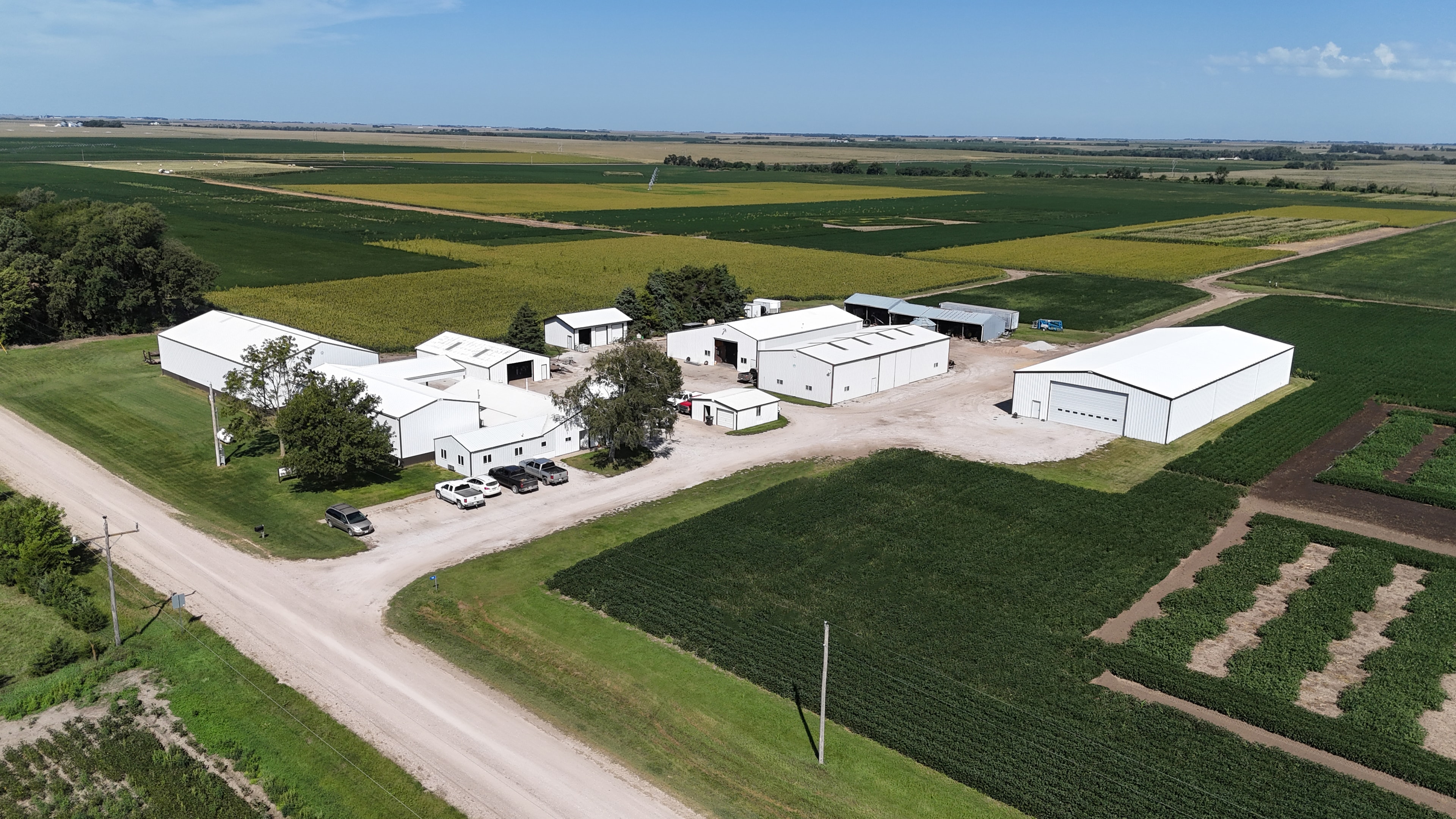 Aerial photograph of the Midwest Research Inc. farm facility in 2026